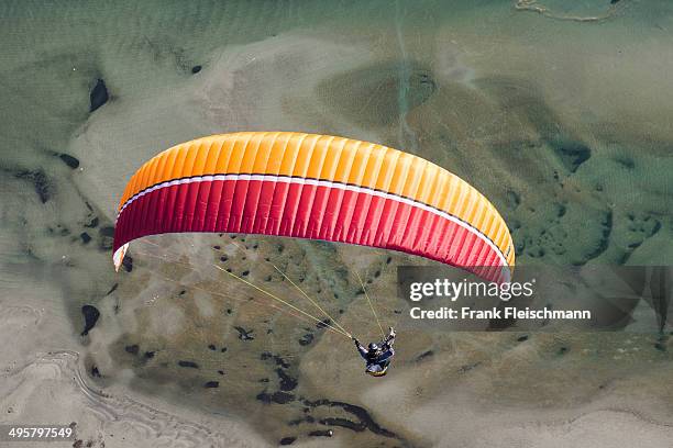 paraglider over the maggia river delta with naturally formed water and rocks terrain, locarno, kanton tessin, switzerland - kanton tessin stock pictures, royalty-free photos & images