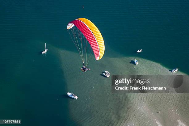 paraglider over the maggia river delta with naturally formed water and rocks terrain, natural beach, locarno, kanton tessin, switzerland - kanton tessin stock pictures, royalty-free photos & images