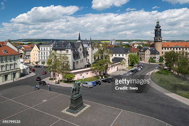 platz der demokratie square with carl august monument, at the center study center of the duchess anna amalia library, rear right city castle, weimar, thuringia, germany - weimar stock pictures, royalty-free photos & images