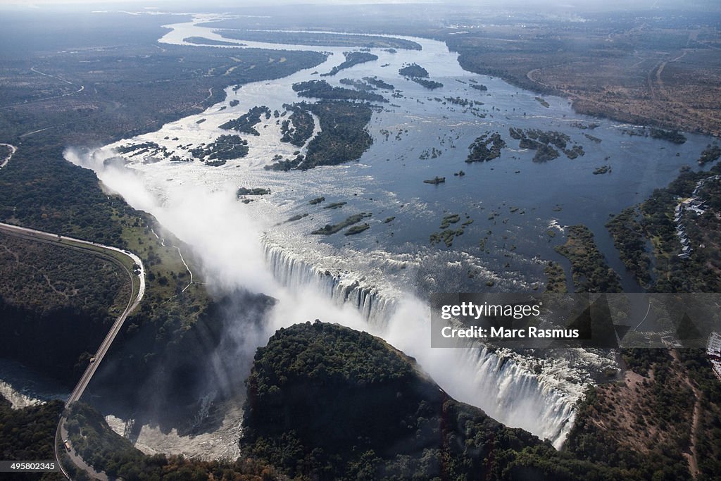 Aerial view, Victoria Falls with the Victoria Falls Bridge over the Zambezi River, Livingstone, Zambia