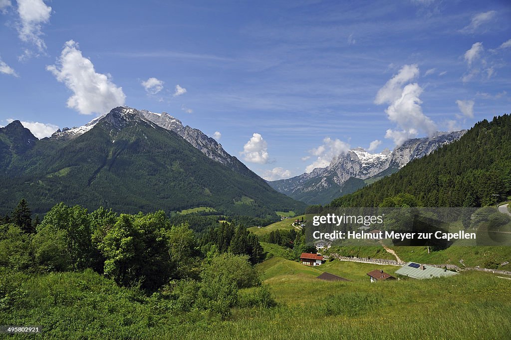 Landscape of Berchtesgadener Land with Hochkalter Mountain, left, and Reiteralpe Mountain, right, Ramsau bei Berchtesgaden, Berchtesgadener Land District, Upper Bavaria, Bavaria, Germany