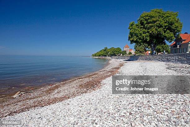 view of pebble beach, visby, gotland, sweden - gotland sweden stock pictures, royalty-free photos & images