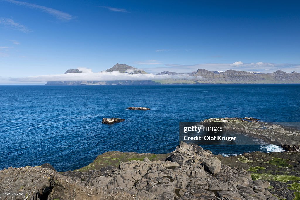 Coastline, Kalsoy island at back, Djupini, Gjogv, Eysturoy, Faroe Islands, Denmark
