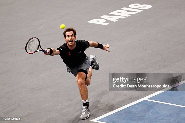 Andy Murray of Great Britain in action against David Goffin of Belgium during Day 4 of the BNP Paribas Masters held at AccorHotels Arena on November...