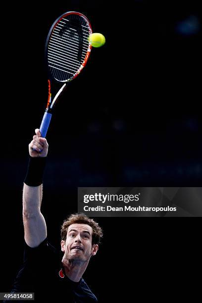 Andy Murray of Great Britain in action against David Goffin of Belgium during Day 4 of the BNP Paribas Masters held at AccorHotels Arena on November...