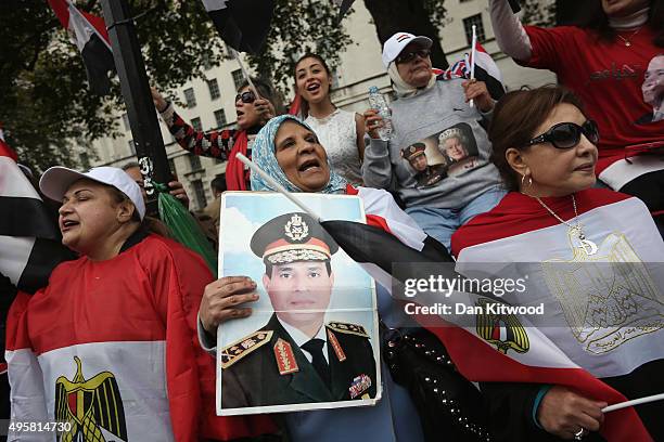 Pro Sisi protesters gather outside Downing Street ahead of a visit by the Egyption President Abdel Fattah al-Sisi on November 5, 2015 in London,...