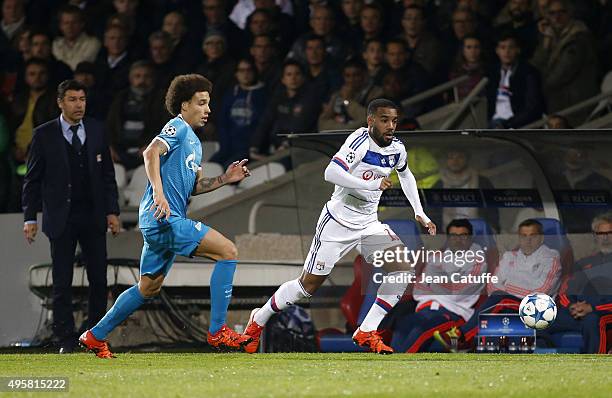 Axel Witsel of FC Zenit and Alexandre Lacazette of Lyon in action during the UEFA Champions league match between Olympique Lyonnais and FC Zenit St...