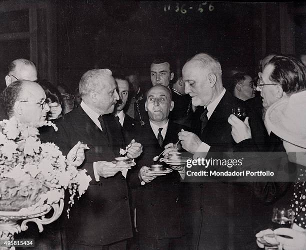 The provisional Head of State of Italy Enrico De Nicola, the President of the Council of Ministers of the Italian Republic Alcide De Gasperi and of...