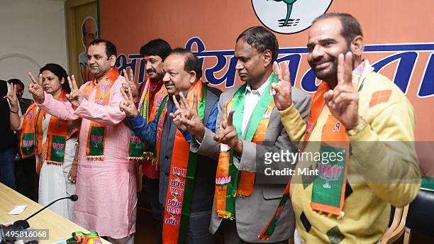 Candidates from Delhi Meenakshi Lekhi, Maheish Girri, Manoj Tiwari, Dr. Harsh Vardhan, Udit Raj and Ramesh Bidhuri, at Delhi BJP office on March 16,...