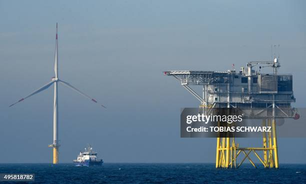 An electrical offshore substation run by Germany's biggest power supplier Eon is pictured at the wind farm "Amrum Bank West" near the North Sea...