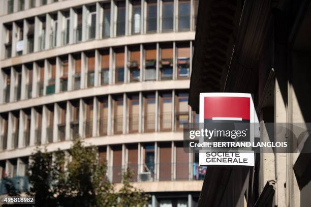 Picture taken on November 5, 2015 shows the logo of the Societe Generale bank in Marseille, southern France. Societe Generale bank, which also owns...