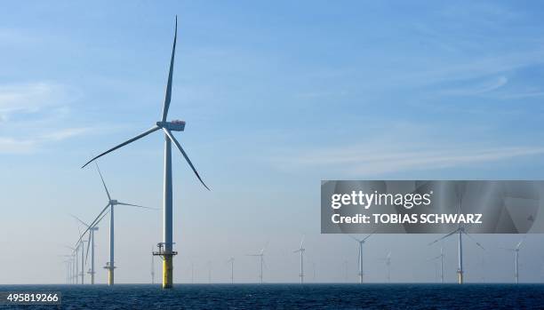 Wind turbines run by Germany's biggest power supplier Eon are pictured at the offshore wind farm "Amrumbank West" near the North Sea Island of...