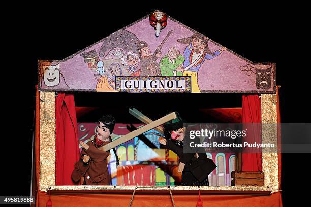 Lyes Ouzeri of Le Theatre Guignol De Tyes, Sartrouville, France performs during the Rainforest World Puppet Carnival on November 5, 2015 in Kuching,...