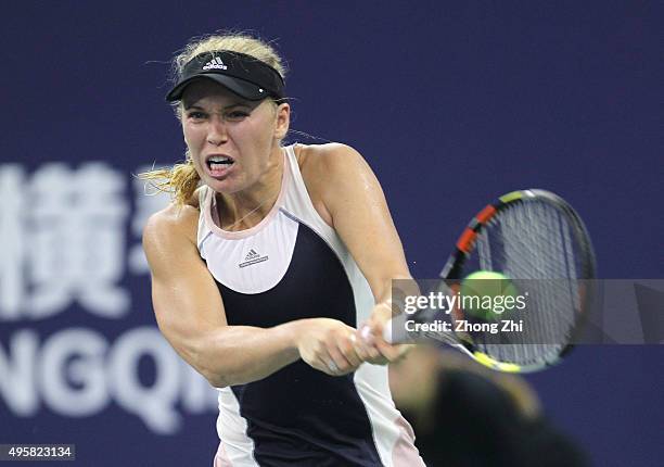 Caroline Wozniacki of Denmark returns a shot during the match against Svetlana Kuznetsova of Russia on day 4 of Huajin Securities WTA Elite Trophy...