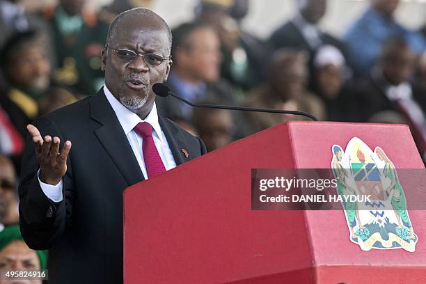 Tanzania's newly elected president John Magufuli delivers a speech during the swearing in ceremony in Dar es Salaam, on November 5, 2015. John...