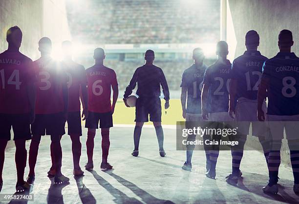 silhouette of soccer teams facing field - equipo de fútbol fotografías e imágenes de stock