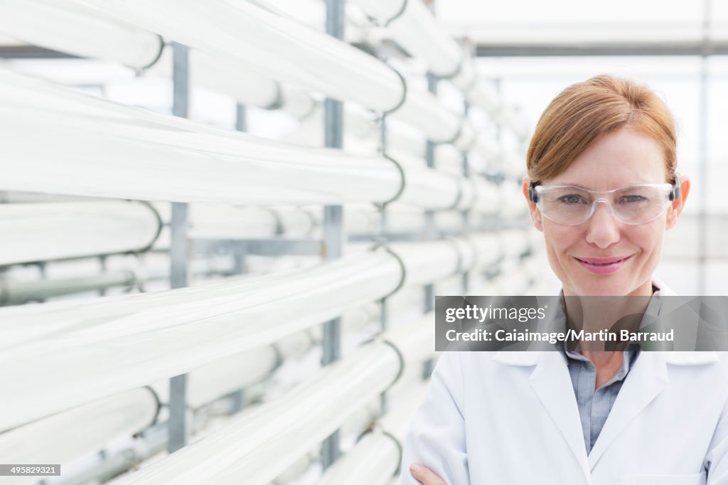 Portrait of confident scientist next to irrigation pipes in greenhouse
