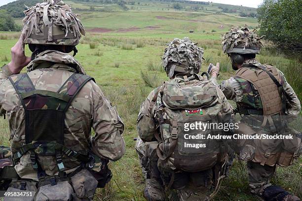 welsh guards training at the sennybridge training area, powys, wales, united kingdom. - ejército británico fotografías e imágenes de stock