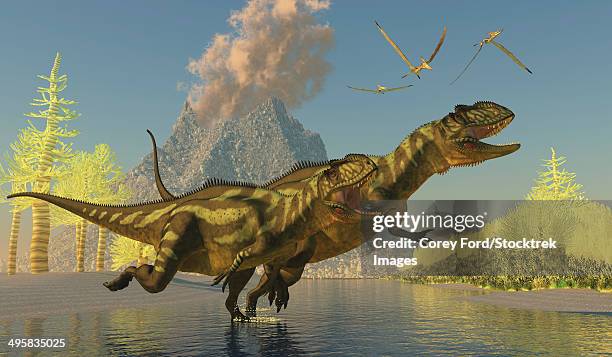 ilustrações, clipart, desenhos animados e ícones de two yangchuanosaurus dinosaurs running across a stream as a volcano erupts with smoke and ash. - atividade vulcânica