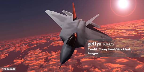 stockillustraties, clipart, cartoons en iconen met an f-22 fighter jet flies at an altitude above the cloud layer on its mission. - us air force