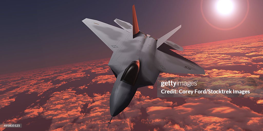 An F-22 fighter jet flies at an altitude above the cloud layer on its mission.