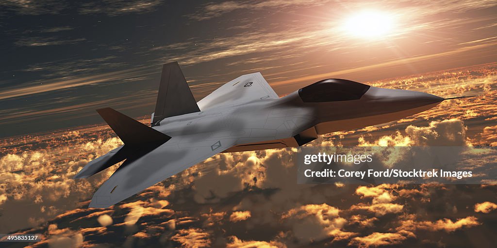 An F-22 fighter jet flies at an altitude above the cloud layer on its mission.