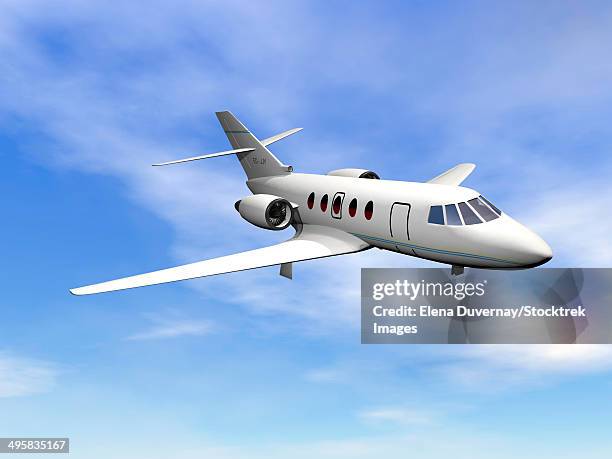 stockillustraties, clipart, cartoons en iconen met private jet plane flying in cloudy blue sky. - bedrijfsvliegtuig