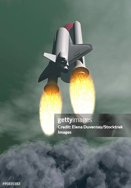 space shuttle taking off amongst grey smoke and clouds. - afterburner stock illustrations
