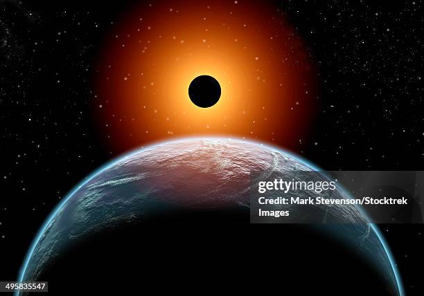 ilustrações, clipart, desenhos animados e ícones de a total eclipse of the sun as seen from being in earth's orbit. - eclipse solar