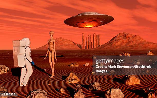 a human astronaut making contact with a reptoid alien on the surface of mars. - a journey to planet sanity stock illustrations