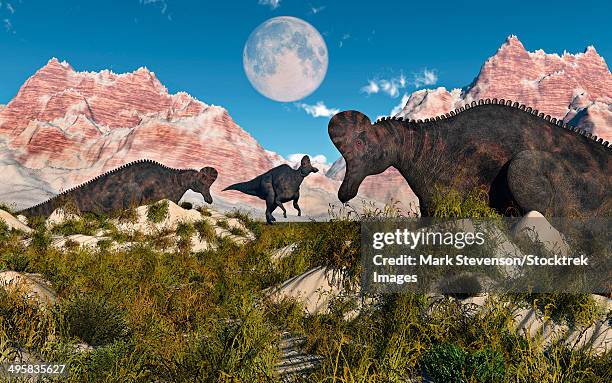 corythosaurus nesting ground set during the cretaceous period. - corythosaurus stock illustrations