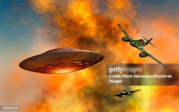 german messerschmitt 262 jetfighter planes chasing a ufo. - air raid stock illustrations