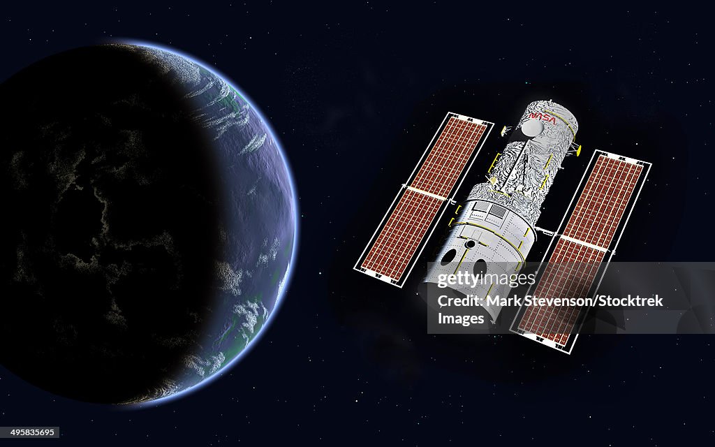 The Hubble Space Telescope in Earth orbit.