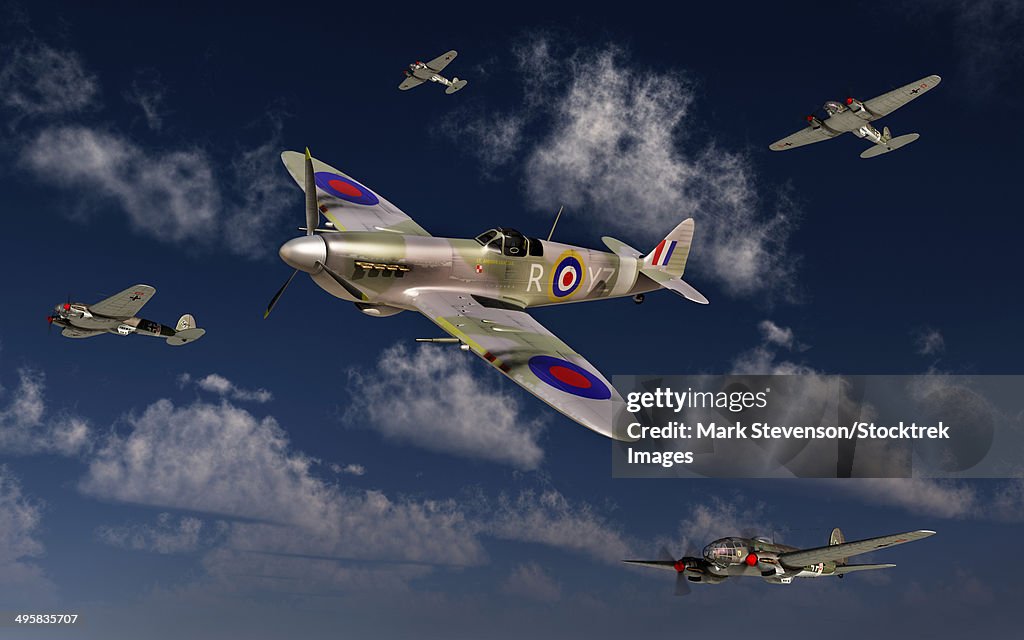 A Royal Air Force Supermarine Spitfire attacking German Heinkel He 111 bombers during the Battle of Britain.