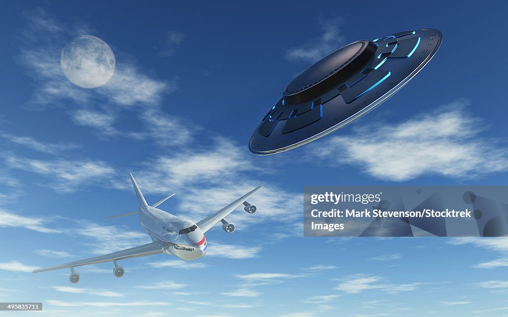 A flying suacer buzzing a Boeing 747 commercial airliner.