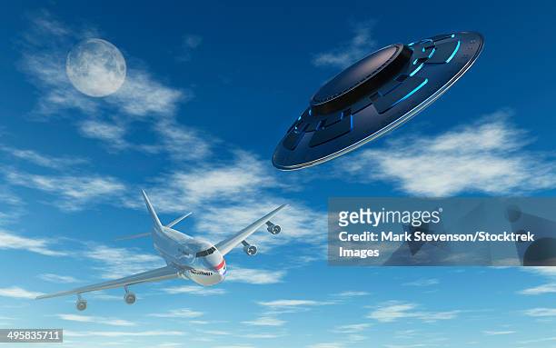 a flying suacer buzzing a boeing 747 commercial airliner. - out of context stock illustrations