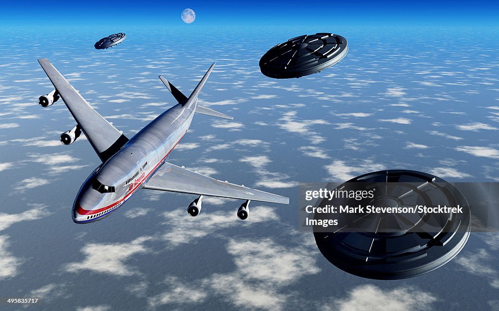 A commerical flight Boeing 747 being stalked by UFO's.