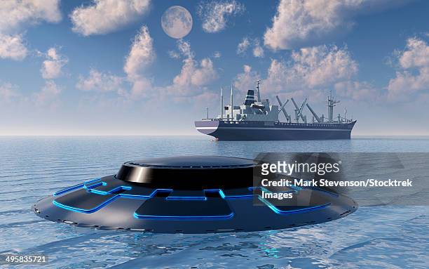 a ufo surfacing from underwater and following a modern day freighter. - out of context stock illustrations