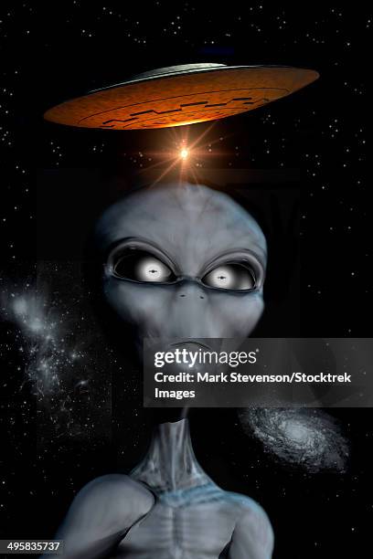 a grey alien, the most commonly reported beings seen during close encounters. - space probe stock illustrations