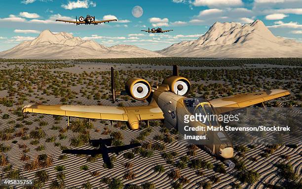 stockillustraties, clipart, cartoons en iconen met american a-10 thunderbolts flying in formation over a desert landscape. - us air force