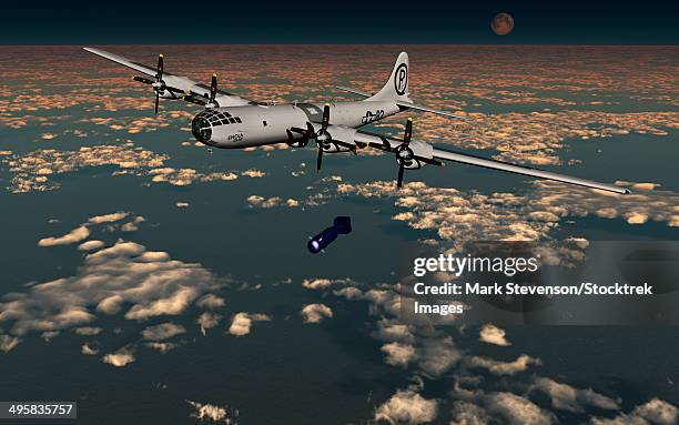 stockillustraties, clipart, cartoons en iconen met the enola gay b-29 superfortress dropping little boy atomic bomb over hiroshima during world war ii. - b 29 superfortress