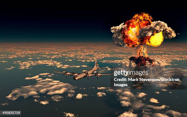 stockillustraties, clipart, cartoons en iconen met b-29 superfortress flying away from the explosion of the atomic bomb. - b 29 superfortress