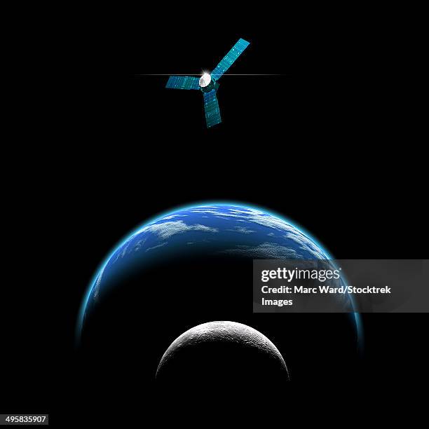 an artist's depiction of a satellite in orbit around an earth-like world and moon. - exploratory spacecraft stock-grafiken, -clipart, -cartoons und -symbole
