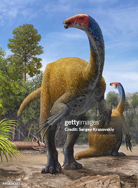 stockillustraties, clipart, cartoons en iconen met erlikosaurus andrewsi dinosaurs in a prehistoric environment from the late cretaceous period. - therizinosaurus