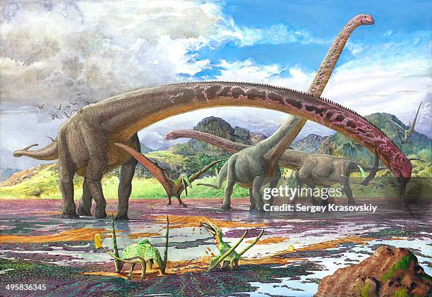 mamenchisaurus sinocanadorum feeding on brown algae at low tide. - geologic time scale 幅插畫檔、美工圖案、卡通及圖標