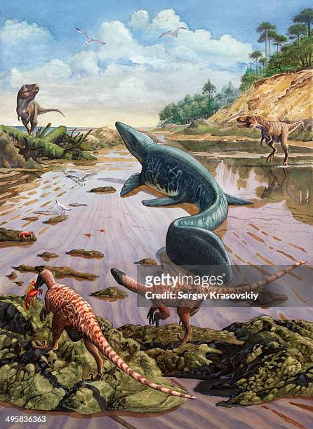 raptors attack a vulnerable mosasaurus that remained aground at low tide. - mosasaurus stock illustrations