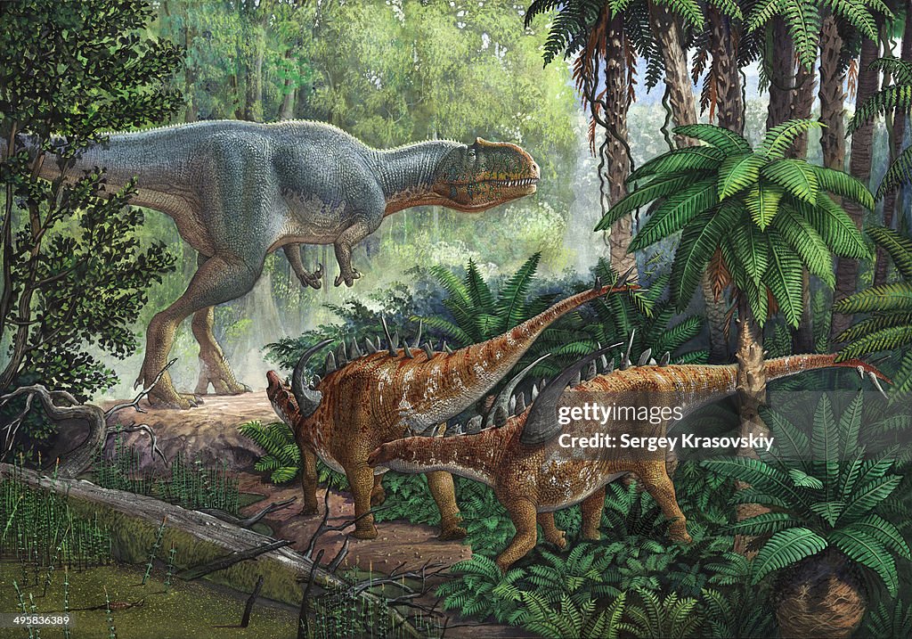 Two Gigantspinosaurus fearful at the sight of a large Yangchuanosaurus..