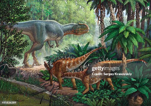 Two Gigantspinosaurus Fearful At The Sight Of A Large Yangchuanosaurus, Stock-Foto