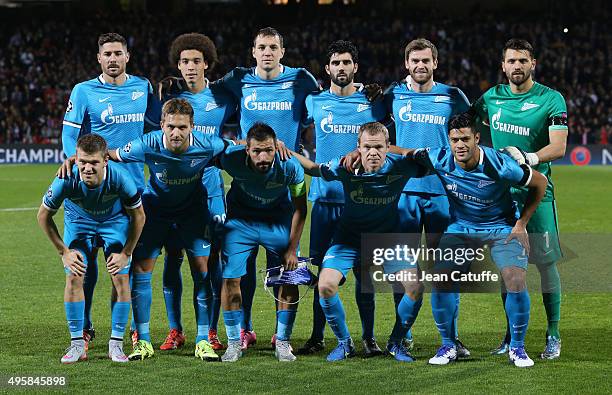 Team Zenit St Petersburg poses before the UEFA Champions league match between Olympique Lyonnais and FC Zenit St Petersburg at Stade de Gerland on...