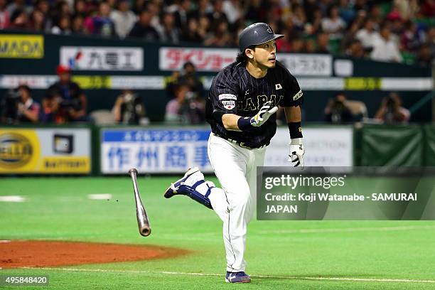 Nobuhiro Matsuda of Japan hits a RBI single in the top half of the fourth inning during the send-off friendly match for WBSC Premier 12 between Japan...